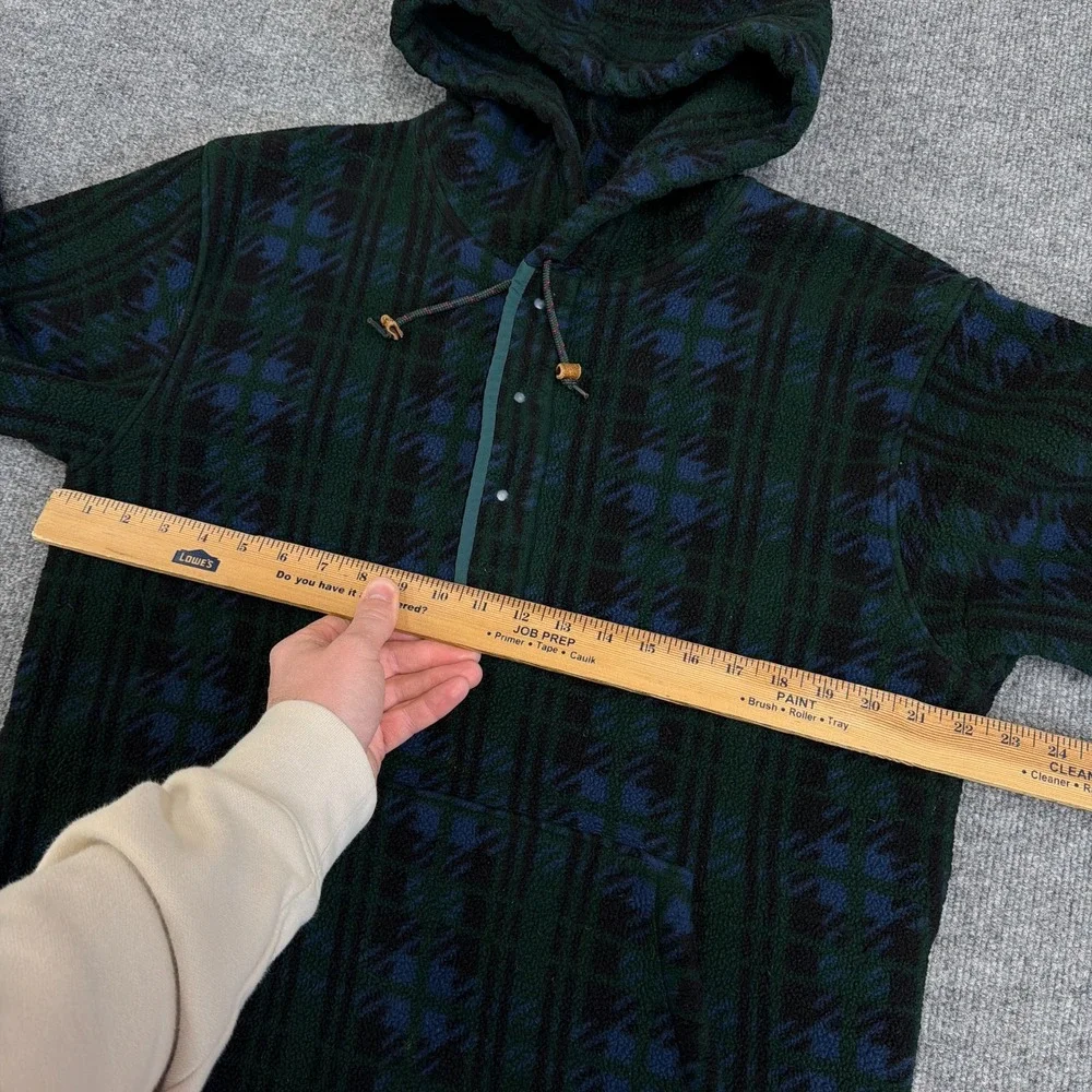 Vintage LL Bean Jacket Womens Large 1/4 Snap Hooded Fleece Pullover Green Plaid - Picture 8 of 11